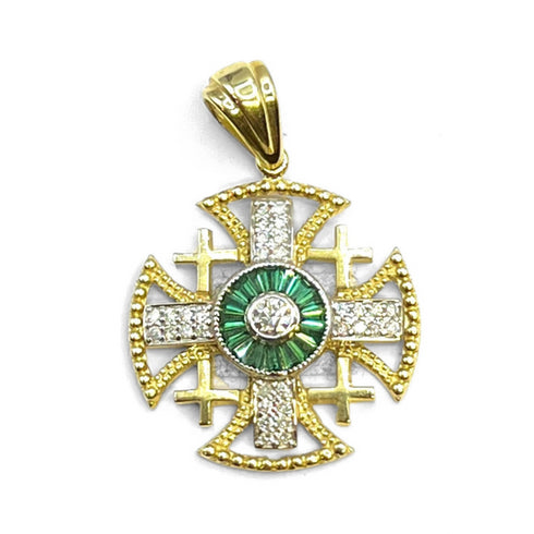 14K Yellow Gold With Diamond & Baguette Cut Emerald Jerusalem Cross Necklace